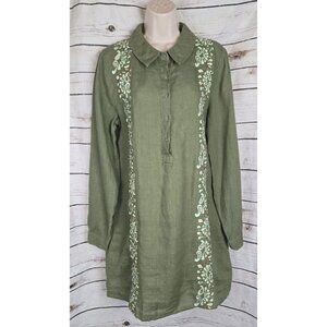 Calypso St Barth Olive Green Embroidered Beaded Shirt Dress L 100% Linen